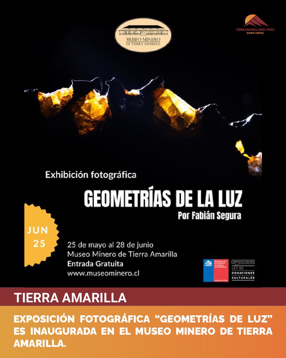 tamarillano's tweet photo. 🔍📷🪨En el marco del mes de los Patrimonios, el Museo Minero de Tierra Amarilla inauguró la muestra “Geometrías de Luz”, una exposición del fotógrafo copiapino Fabián Segura.
#GeometríasDeLuz #MuseoMinero #MesDelPatrimonio 
👇más info aquí👇
https://t.co/vZhFi5dHXJ https://t.co/Ur3859NXSc