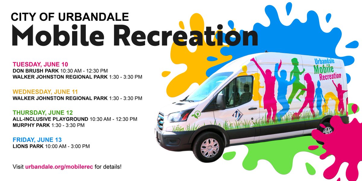 This summer, we’re bringing the fun to YOU! Mobile Recreation is popping up at parks across Urbandale—look for the City van and join us for free games, crafts, activities, and sports gear for everyone. Learn more: urbandale.org/mobilerec

👇 Check out our upcoming schedule below!