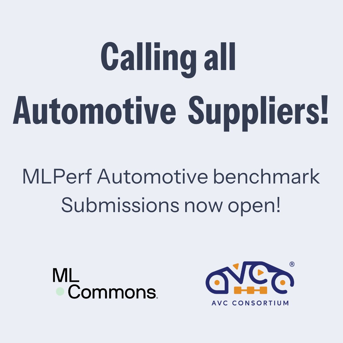 MLCommons (@mlcommons) on Twitter photo Call for Submissions!
#MLCommons & <a href="/AVCConsortium/">Autonomous Vehicle Computing Consortium - AVCC</a> are accepting submissions for the #MLPerf Automotive Benchmark Suite! Help drive fair comparisons & optimize AI systems in vehicles. Focus is on camera sensor perception.
📅 Submissions close June 13th, 2025
Join: Call for Submissions!
#MLCommons & <a href="/AVCConsortium/">Autonomous Vehicle Computing Consortium - AVCC</a> are accepting submissions for the #MLPerf Automotive Benchmark Suite! Help drive fair comparisons & optimize AI systems in vehicles. Focus is on camera sensor perception.
📅 Submissions close June 13th, 2025
Join: