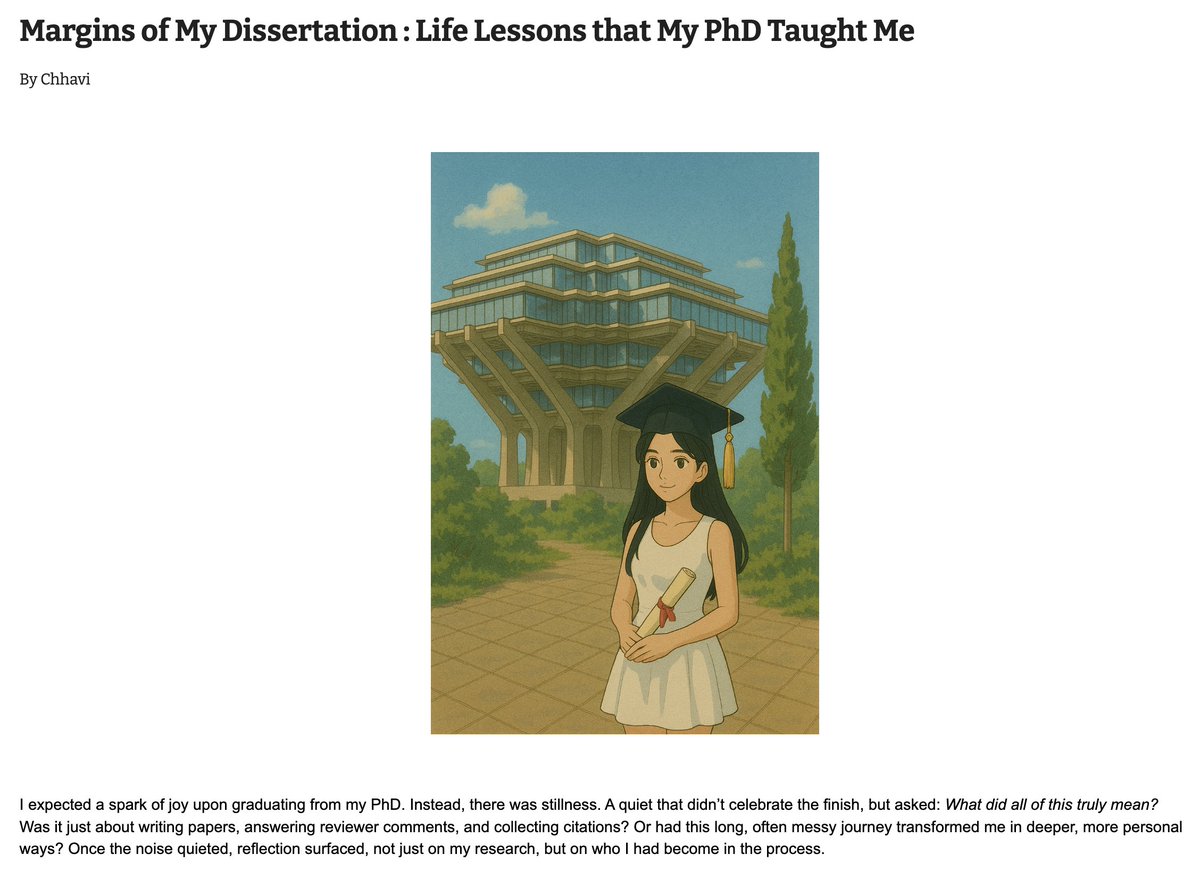 chhaviyadav_'s tweet image. Upon graduation, I paused to reflect on what my PhD had truly taught me. Was it just how to write papers, respond to brutal reviewer comments, and survive without much sleep? Or did it leave a deeper imprint on me — beyond the metrics and milestones? Turns out, it did.
A…
