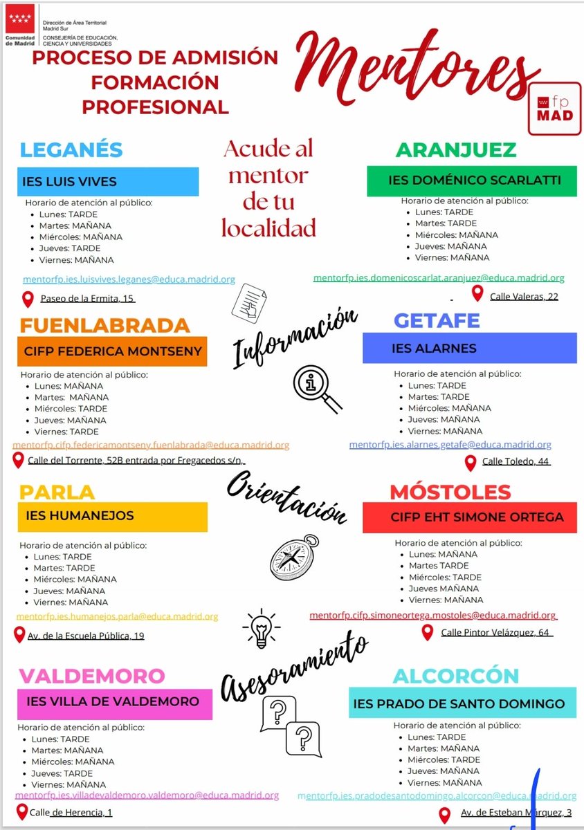 ppAlcorcon's tweet photo. 📣 ¿Necesitas información sobre FP (orientación académica y profesional? 

La @ComunidadMadrid pone a tu disposición el #ProgramaMentor en 8️⃣ institutos de la DAT Madrid Sur.

@IdiazAyuso apuesta por la FP de calidad, apuesta por la empleabilidad y apuesta por ti 💪 https://t.co/2mvekmcwgB