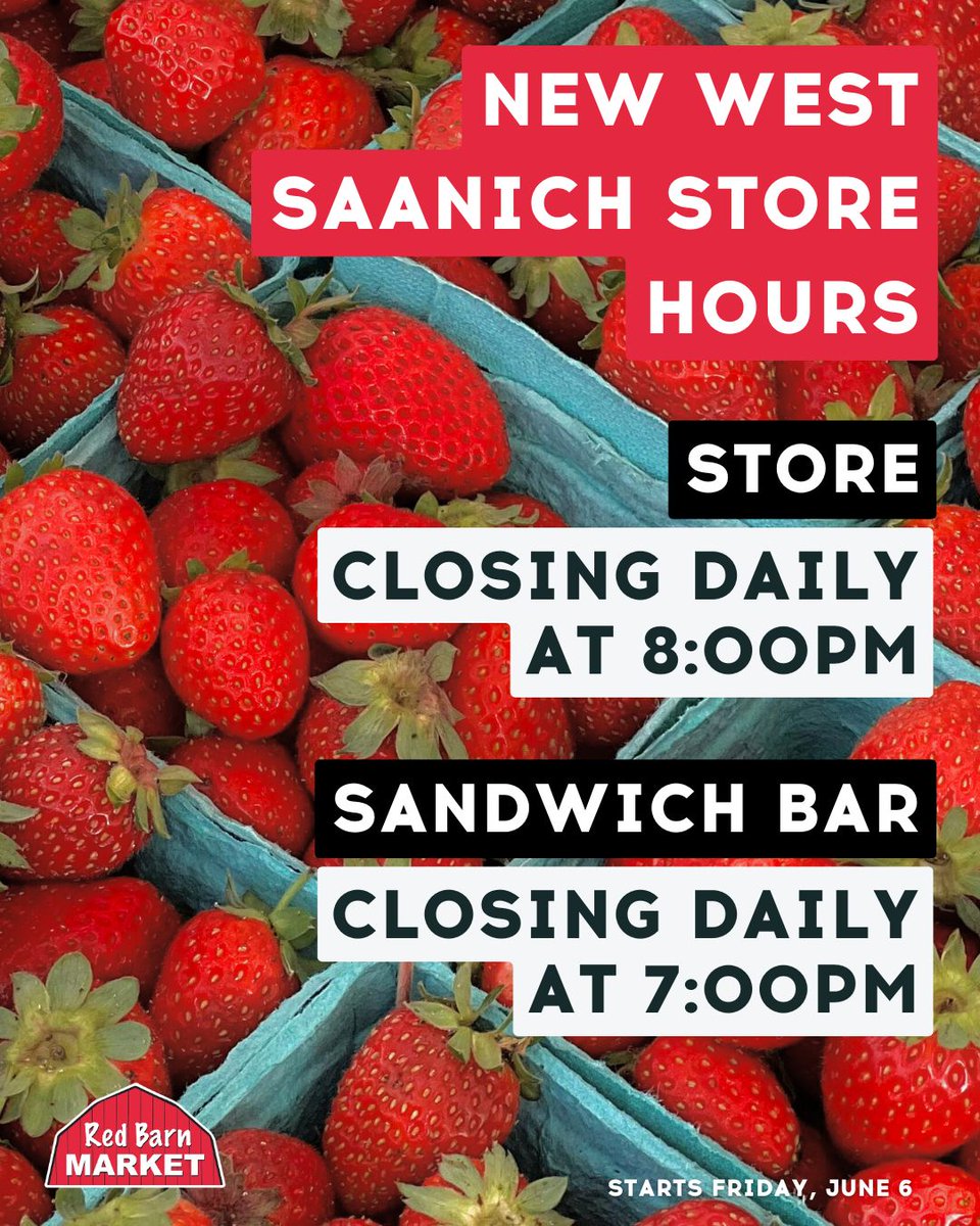 Good news, West Saanich shoppers! Starting tomorrow, we’re extending our hours so you’ve got more time to grab your Red Barn favourites. ☀️🥪
