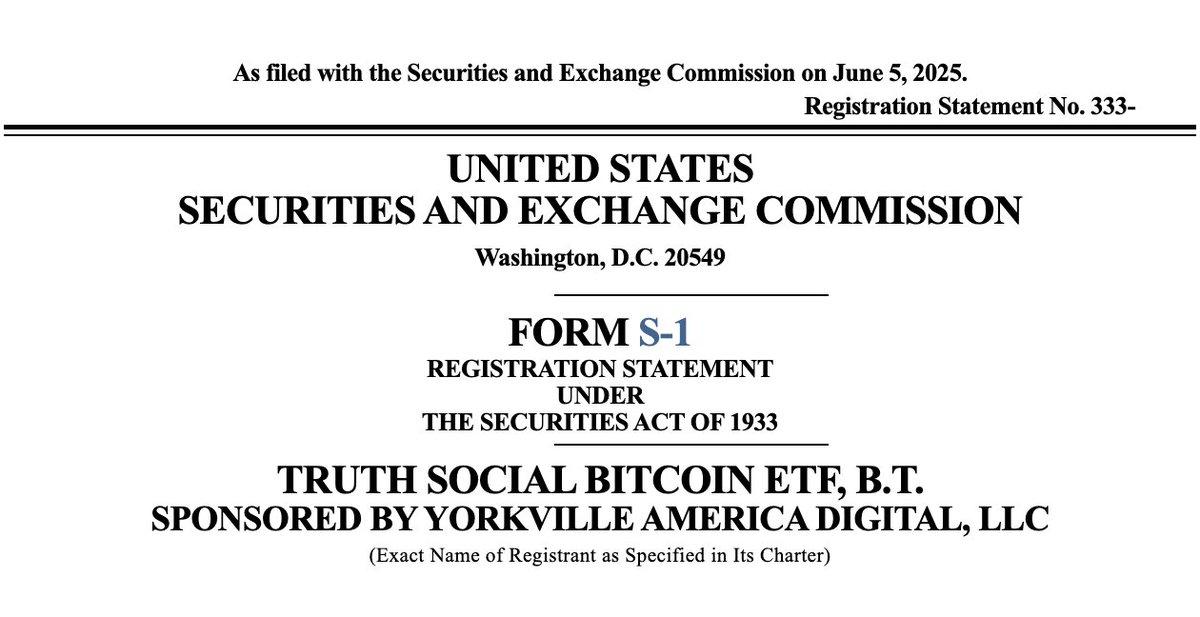 edwardsbitcoins's tweet photo. ❗️TRUTH Social Trump has filed an S-1 application for a NYSE-listed spot $BTC ETF.
#Bitcoin #BTC #ETF #TRUMP https://t.co/PcVIUEPVV0