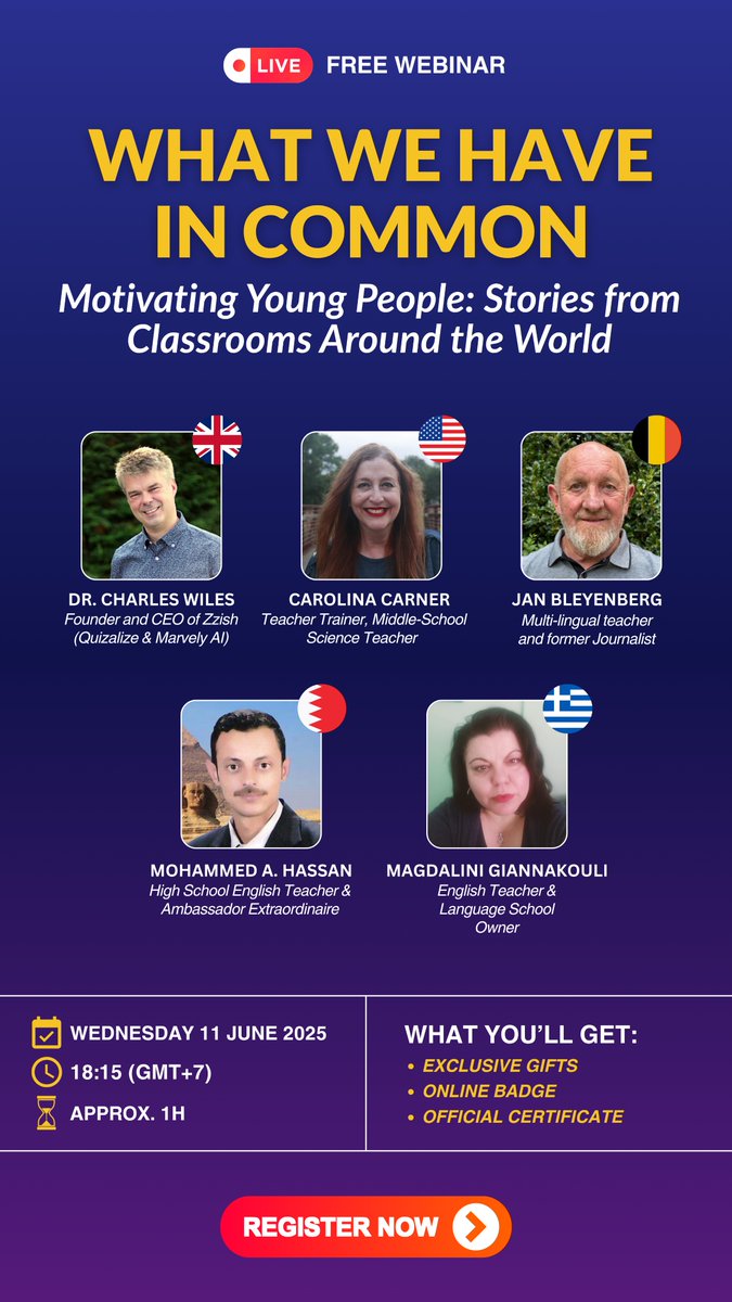 Quizalize (@quizalizeapp) on Twitter photo YOUโRE INVITED: Free Webinar for All Educators! ๐
๐ What We Have in Common โ Motivating Young People
๐๏ธ 11 June
โฐ 18:15โ19:30 (GMT+7)
๐ Online (Google Meet)
What motivates students today? Hear it from teachers around the world.
๐Register here: share-eu1.hsforms.com/1oTUcQbvsTAq5iโฆ YOUโRE INVITED: Free Webinar for All Educators! ๐
๐ What We Have in Common โ Motivating Young People
๐๏ธ 11 June
โฐ 18:15โ19:30 (GMT+7)
๐ Online (Google Meet)
What motivates students today? Hear it from teachers around the world.
๐Register here: share-eu1.hsforms.com/1oTUcQbvsTAq5iโฆ