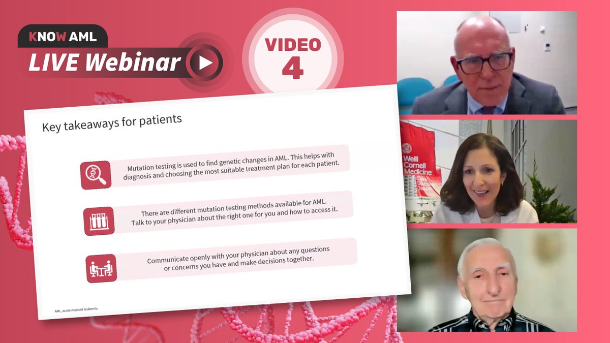 KNOW_AML's tweet image. To conclude the @Know_AML HCP–patient webinar, titled ‘Mutation testing in AML: What you need to know’, the faculty shared the key takeaways and addressed questions from the audience.
Watch here: loom.ly/ZrviifY
#KnowAML #AMLsm #leusm