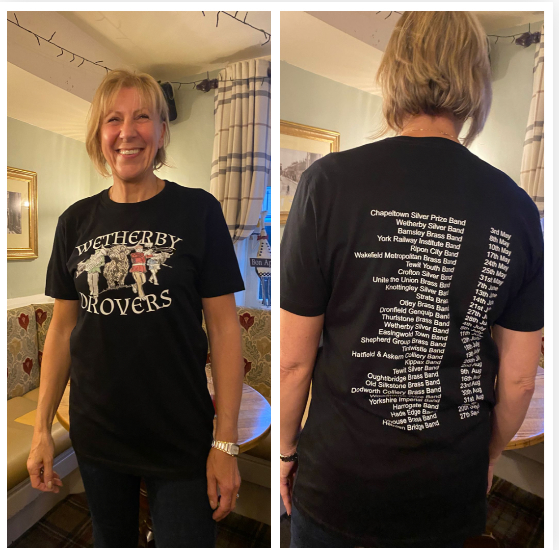 wetherbylion's tweet image. Grab yourself memento of this years &apos;Drovers Day Brass Band Marching Contest&apos;.
Showing the competing bands names &amp;amp; their ‘draw time’ in the style of a ‘Rock Tour Shirt’ &amp;amp; the event name
Childs &amp;amp; adult sizes available, get yours before they &quot;march&quot; away drovers-day.sumupstore.com