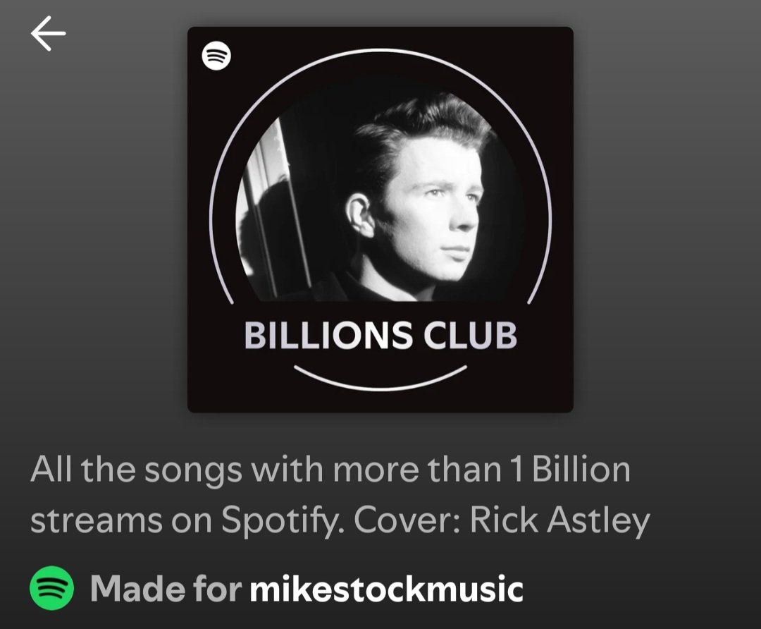 MIKE_STOCK_HQ's tweet image. Welcome to the club, Rick!
Never Gonna Give You Up
#billionsclub
@mikestockmusic @SAW_MUSIC @PWLHitFactory @matt_aitken25 @PeteWatermanOBE @Spotify