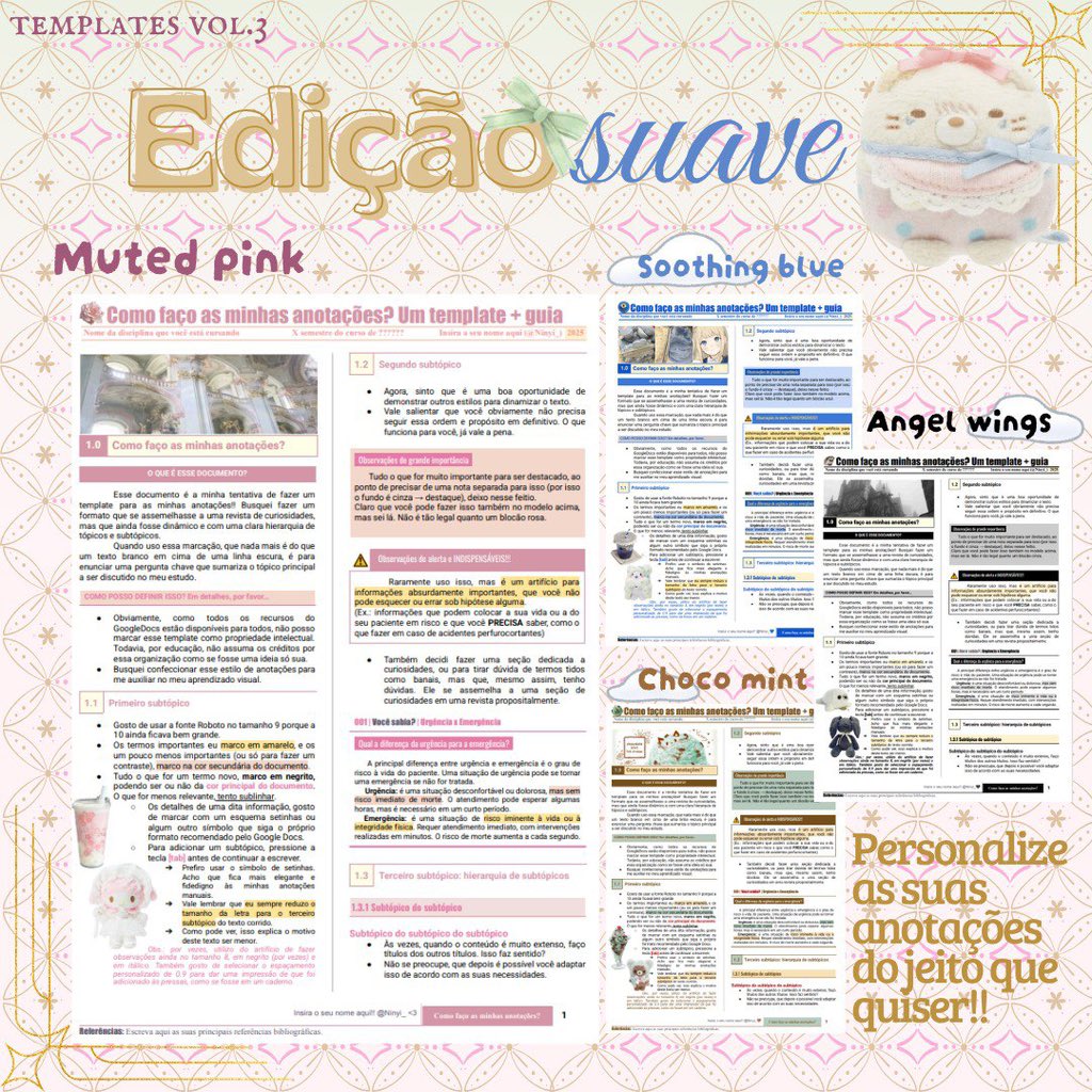 ninyi_'s tweet image. …#studytwt #collegetwt ೀ⋆｡🍧

📔 Templates para Google Docs (gdocs transes) Volume 3!!
⁃ Feitos especialmente para os apaixonados em temas claros e suaves, trazendo delicadeza e harmonia para as suas anotações.🛋️🎐
⁃🩵 e rts são muito bem-vindos

🎀Links na thread abaixo ⬇️