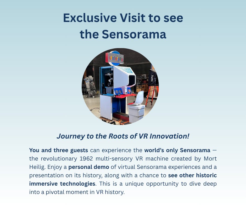 ✨ Highlighting a once-in-a-lifetime experience up for bid! ✨

Visit the world’s only Sensorama VR machine with three guests. Includes a personal demo, history talk, and tour of other historic immersive tech.

⏳ Auction ends June 12, 5 PM PT
👉 Bid now: givebutter.com/c/ALGwKe/aucti…