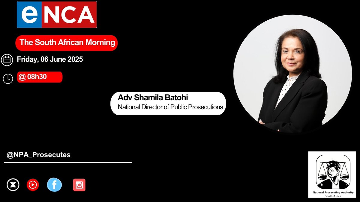Advocate Shamila Batohi will be on eNCA. She will discuss critical issues related to the NPA. Catch the interview on Friday, 06 June 2025 at 08h30.