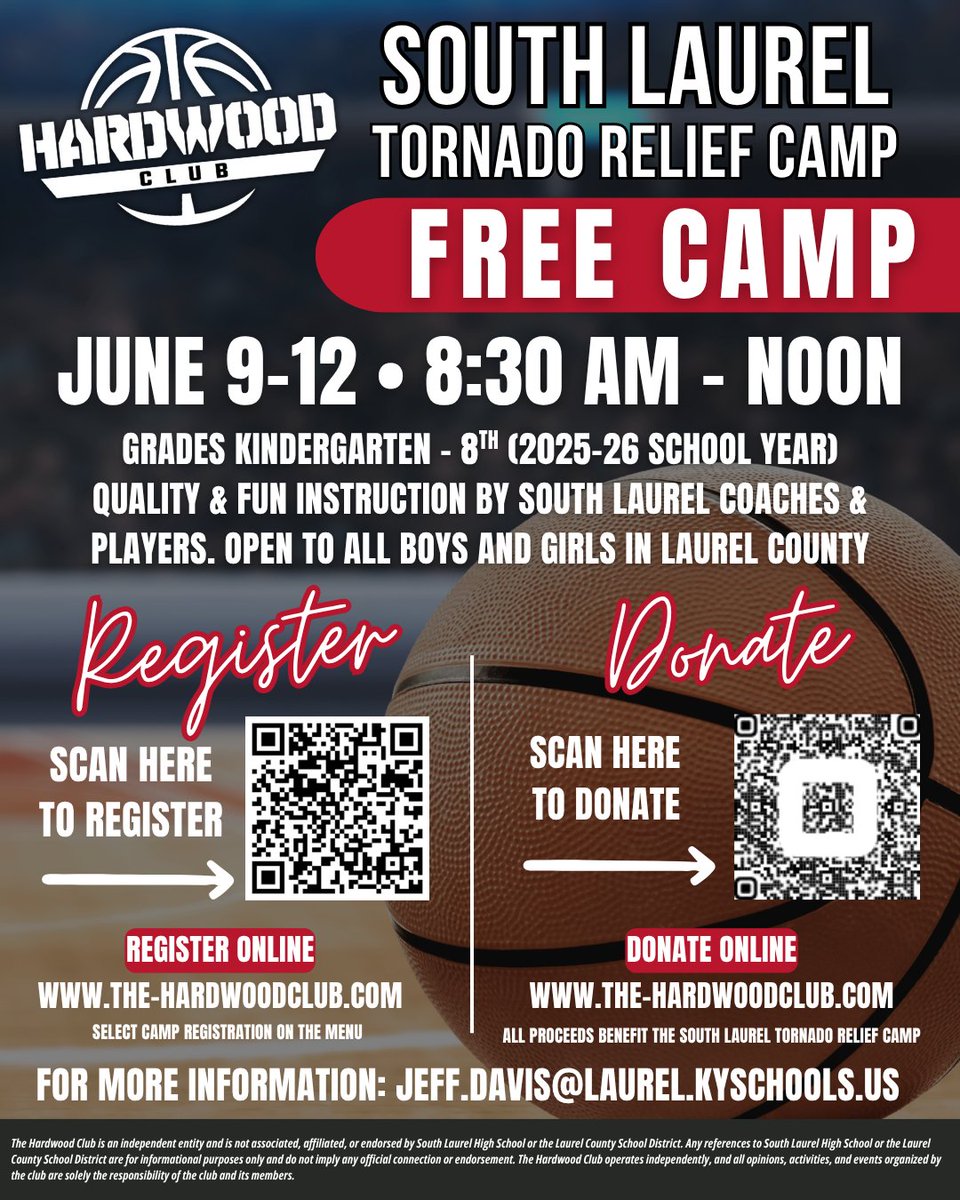 🏀🏀FREE BASKETBALL CAMP 🏀🏀
Open to boys and girls!!!

JOIN US!

If you would like to donate to this week of great fun for our youth please scan the donation code below.