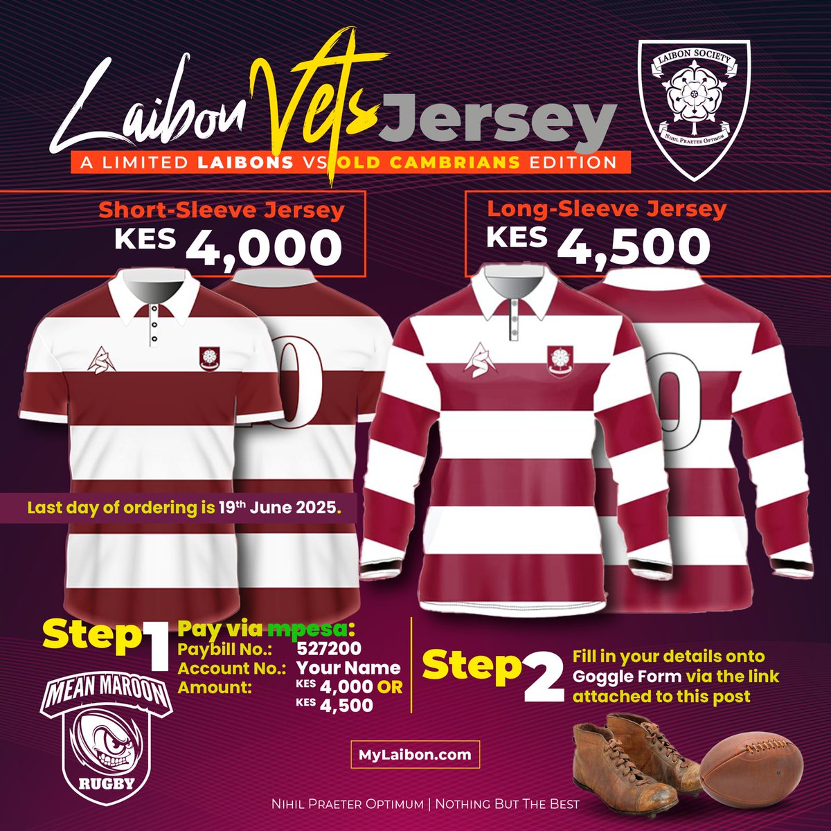 The Laibon Society (@laibonsociety) on Twitter photo It’s Back!!
The Maroons Hoops Jersey stitched with pride, worn with honour. Get yours for the Laibons vs Old Cambrians Veterans Rugby Match on July 5 at Impala Grounds.
🛒 Order window closes in 14 days:
Order here.👉 shorturl.at/vbFgo
<a href="/lenanaschool/">Lenana School</a>
#NihilPraeterOptimum It’s Back!!
The Maroons Hoops Jersey stitched with pride, worn with honour. Get yours for the Laibons vs Old Cambrians Veterans Rugby Match on July 5 at Impala Grounds.
🛒 Order window closes in 14 days:
Order here.👉 shorturl.at/vbFgo
<a href="/lenanaschool/">Lenana School</a>
#NihilPraeterOptimum