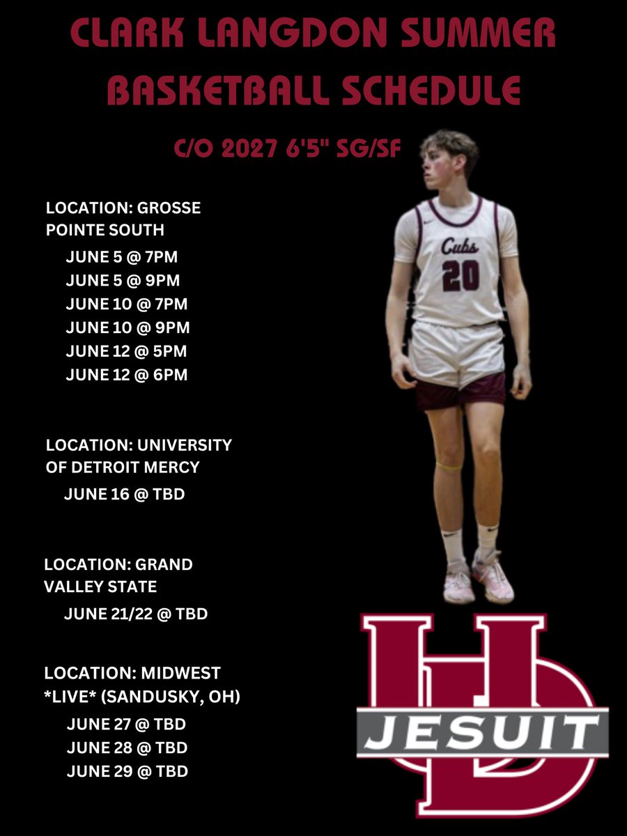 Clark Langdon (@clark_langdon) on Twitter photo My summer league schedule with <a href="/UDJBasketball/">U of D Jesuit Basketball</a>
<a href="/PrepHoopsMI/">Prep Hoops Michigan</a> <a href="/iam_TOntario/">Tarioo</a> <a href="/DATmanKDgotit/">El Jefe</a> <a href="/TheDZoneBBall/">The D Zone Basketball</a>
<a href="/HankampScott/">Scott Hankamp</a> <a href="/BrzezinskiAlec/">Alec Brzezinski</a> My summer league schedule with <a href="/UDJBasketball/">U of D Jesuit Basketball</a>
<a href="/PrepHoopsMI/">Prep Hoops Michigan</a> <a href="/iam_TOntario/">Tarioo</a> <a href="/DATmanKDgotit/">El Jefe</a> <a href="/TheDZoneBBall/">The D Zone Basketball</a>
<a href="/HankampScott/">Scott Hankamp</a> <a href="/BrzezinskiAlec/">Alec Brzezinski</a>