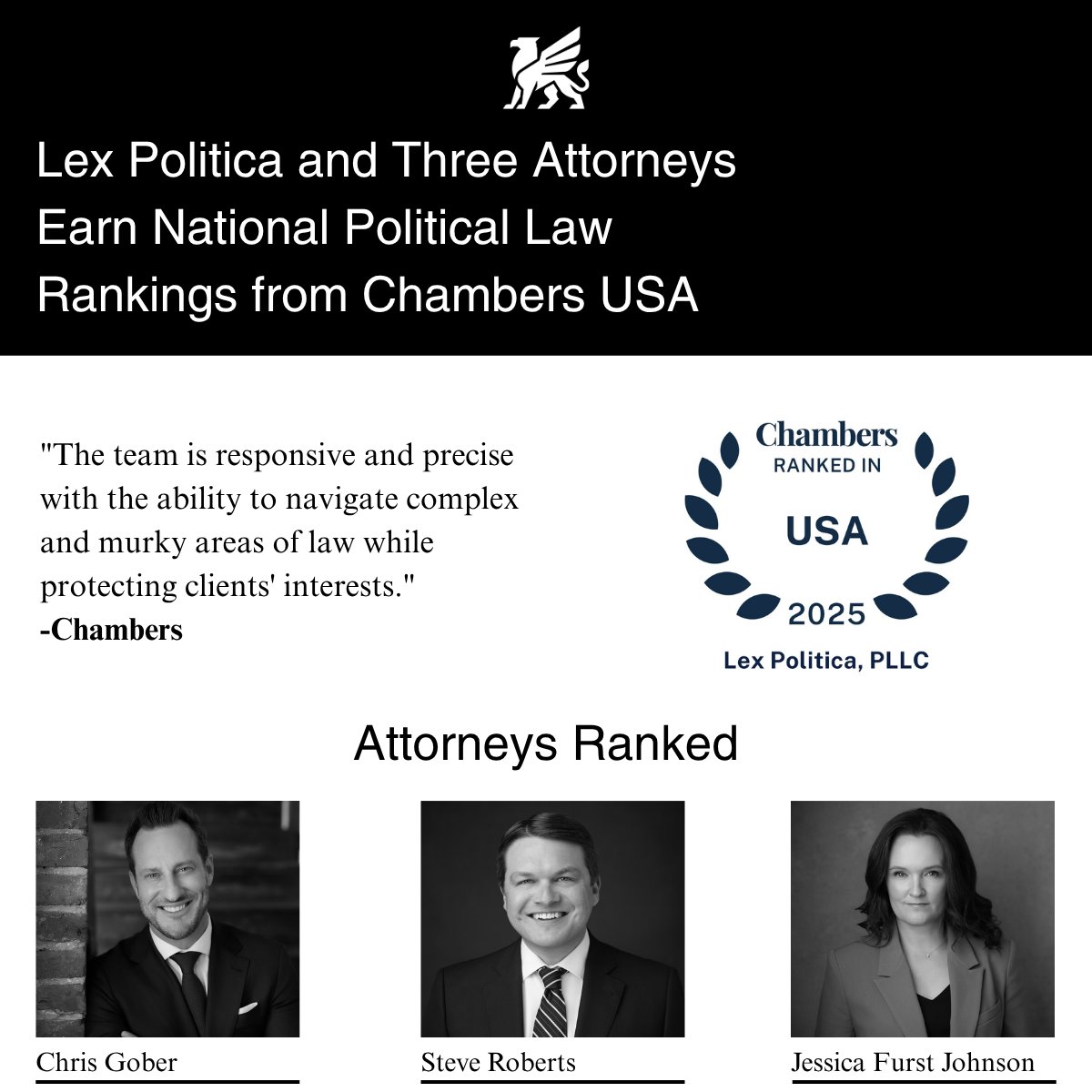 Lex Politica (fka Vantage Legal) (@lex_politica) on Twitter photo Lex Politica and Three Attorneys Earn National Political Law Rankings from Chambers USA:
Chambers USA has awarded Lex Politica a firmwide national ranking in Political Law. In addition, three Lex Politica attorneys, <a href="/ChrisKGober/">Chris Gober</a> , <a href="/SteveP_Roberts/">Steve Roberts</a> , and <a href="/JessFurst/">Jessica Furst Johnson</a> , were Lex Politica and Three Attorneys Earn National Political Law Rankings from Chambers USA:
Chambers USA has awarded Lex Politica a firmwide national ranking in Political Law. In addition, three Lex Politica attorneys, <a href="/ChrisKGober/">Chris Gober</a> , <a href="/SteveP_Roberts/">Steve Roberts</a> , and <a href="/JessFurst/">Jessica Furst Johnson</a> , were