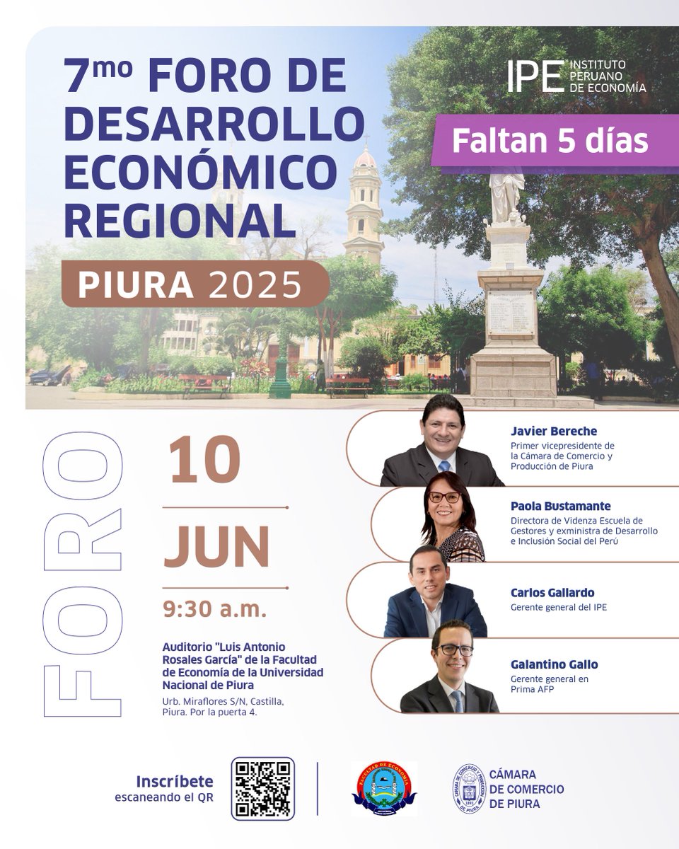 🗣️ ¡Cada vez más cerca! En el 7.° Foro de Desarrollo Económico Regional hablaremos de inversión, empleo y competitividad para Piura.

📅 10 de junio
📍 Universidad Nacional de Piura
📝 Regístrate aquí 👉 tinyurl.com/yndk8aak

#ForoIPE #CrecimientoSostenible #Piura #Piura2025