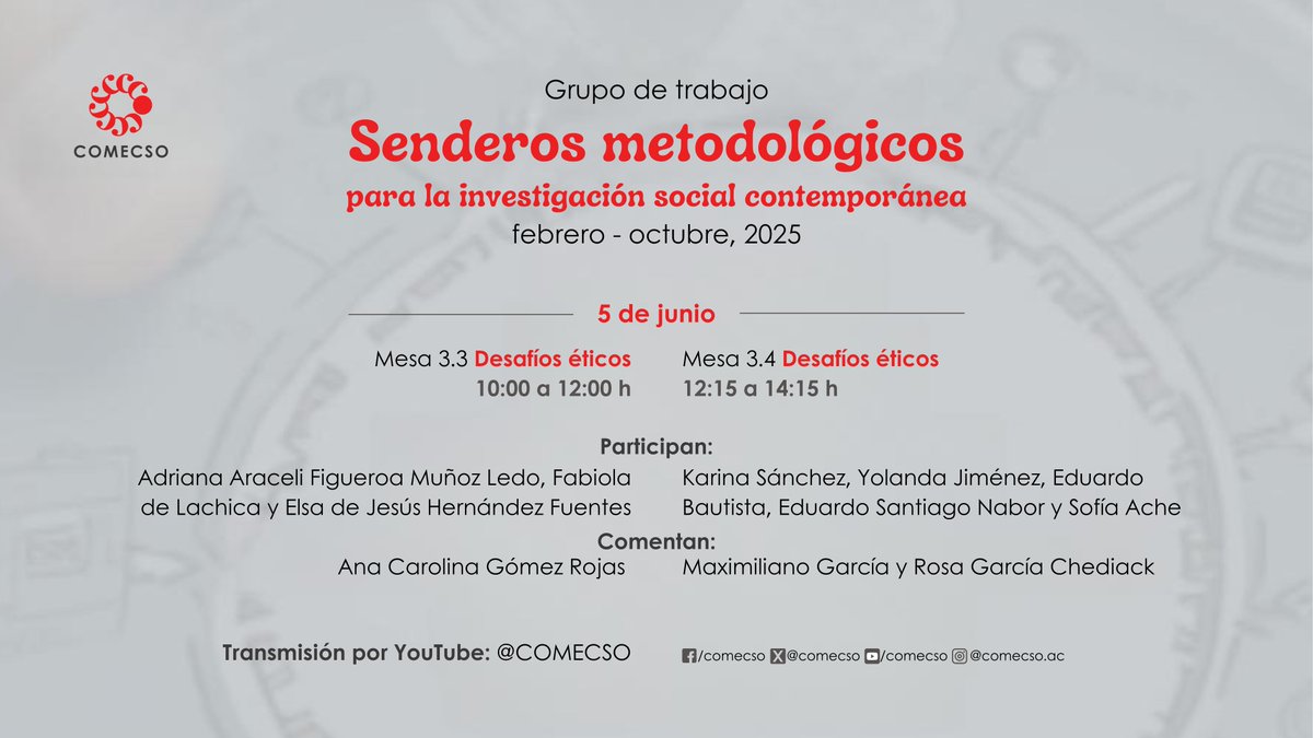 🔴Mesa 3.4 Desafíos éticos
youtu.be/xDpYB5sATI0

Grupo de trabajo "Senderos metodológicos para la investigación social contemporánea"