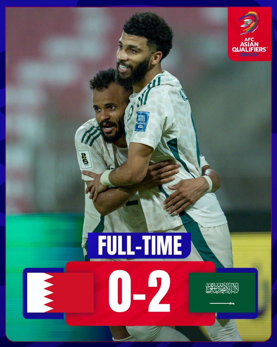 FT | 🇧🇭 Bahrain 0️⃣-2️⃣ Saudi Arabia 🇸🇦 

Goals from Aljuwayr and Alobud keep Saudi Arabia's hopes alive! 

#AsianQualifiers | #BHRvKSA