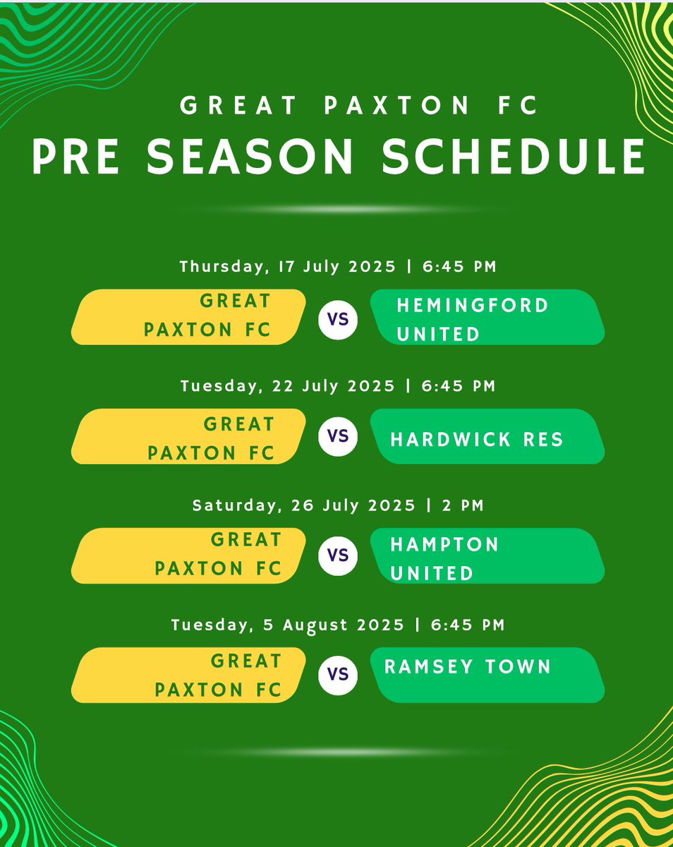 Our first 4 pre season games confirmed as we welcome <a href="/HemUtdFC/">Hemingfords Utd FC</a> <a href="/HardwickFC/">Hardwick FC</a> <a href="/HamptonFCPeter1/">Hampton United (Peterborough)</a> and <a href="/ramsey_town/">Ramsey Town F.C</a> to the rec ground. 
Don’t forget we return to pre season training on the 8th of July. New and existing players welcome, Please get in touch for more information. 🤝🟢🟡⚽️