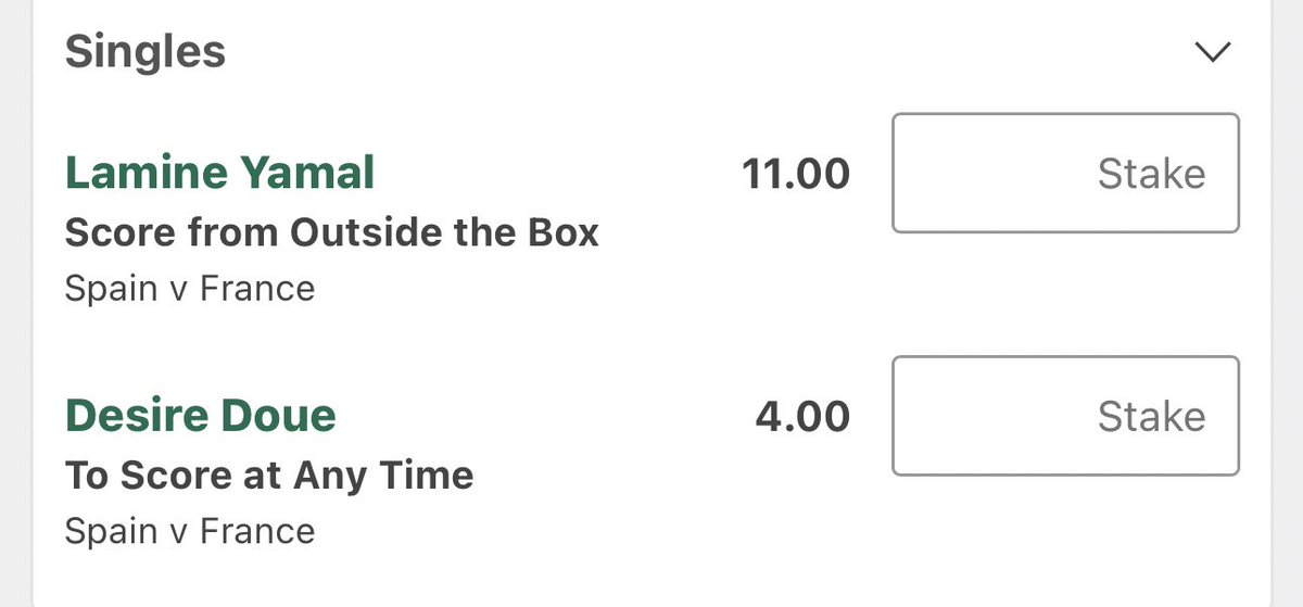 Spain Vs France 🇪🇸 🇫🇷 

Lamine Yamal / Ousmane Dembele SOT @ 2.10 (0.75u) 

Doue AGS @ 4.00 (0.3u) 

Lamine Yamal Outside the box @ 11.00 (0.2u)