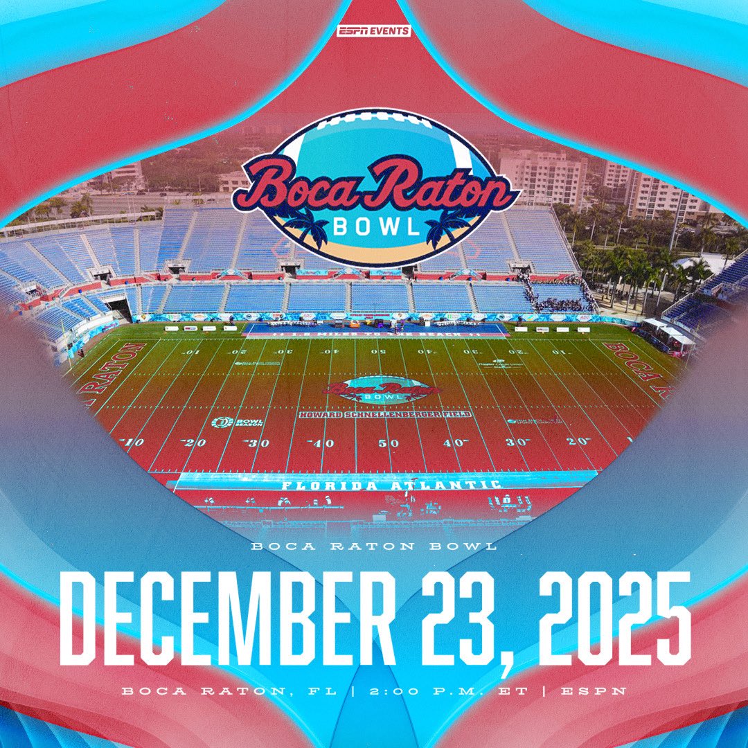 DATE SET! The 2025 Boca Raton Bowl is set to be played December 23 at 2pm!
Make some noise with us in stadium or catch the game live on ESPN for the most anticipated college football event of the year in Palm Beach County!