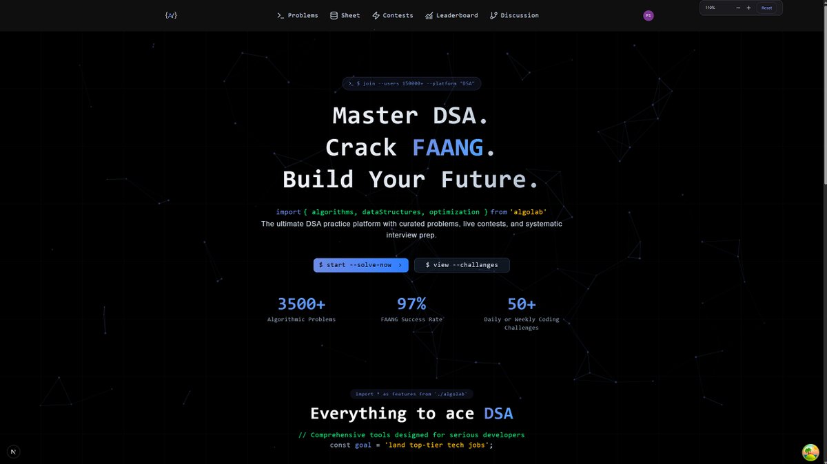 Pr8kDev's tweet image. #AlgoLab Prelaunch! 
Big thanks to mentors @Hiteshdotcom, @piyushgarg_dev, @nirudhuuu, @mukulpadwal &amp;amp; @yntpdotme for guidance.
Here’s an exclusive look—check out the screenshot!
❤️Like &amp;amp; 🔁 RT if you’re ready!