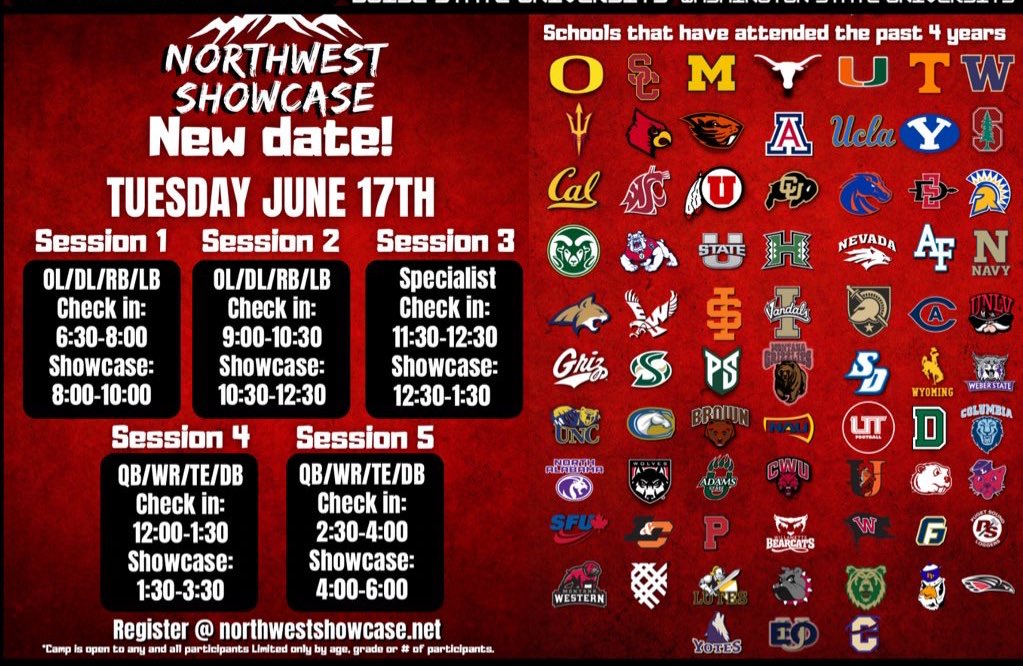 Tuesday June 17th

GUEST SPEAKERS
✔️Dan Lanning
✔️Spencer Danielson
✔️Jimmy Rogers
✔️Brennan Marion

Colleges
✔️Division 1
✔️Division 2
✔️Division 3
✔️NAIA
✔️Juco

Media
✔️National
✔️Local 

Very close to shutting down more sessions!

Get signed up today! 
Northwestshowcase.net