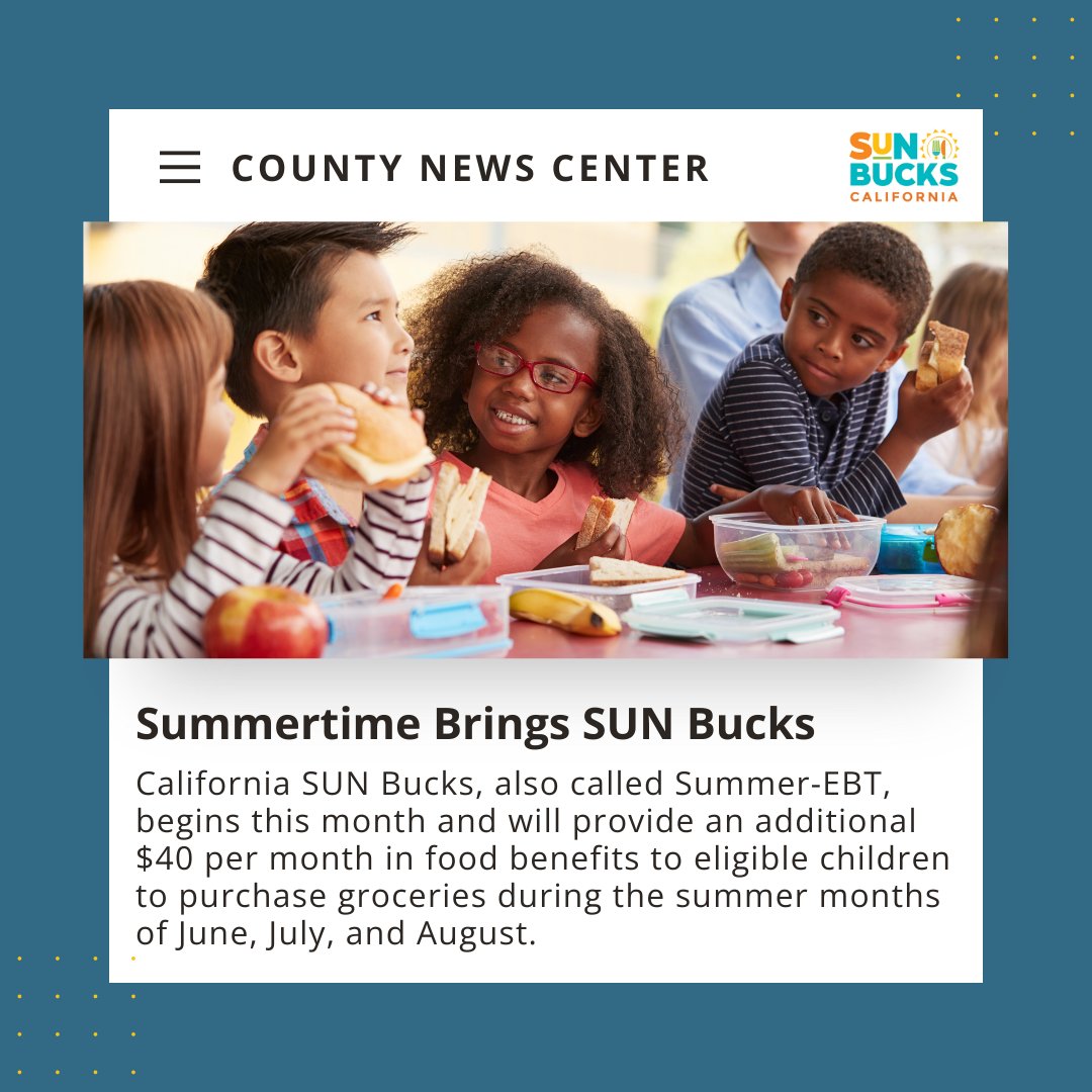 Need help with groceries this summer? Families with kids who get free/reduced-price school meals may qualify for SUN Bucks—extra food benefits you can use like CalFresh.

Learn more: cdss.ca.gov/sun-bucks #SUNBucks #FoodHelp
