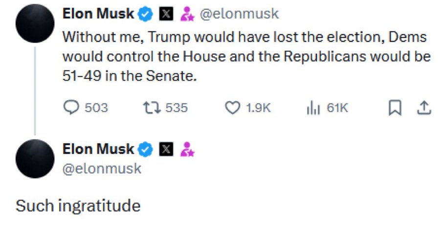 BREF_ACTUALITES's tweet photo. 🇺🇸Elon Musk affirme que sans lui, Trump aurait perdu l’élection, et décrit le comportement de l’ancien président comme « de l’ingratitude pure ».

#MuskVsTrump #électionsaméricaines #ingratitude #politiqueUSA
#MuskTrumpClash #USPolitics #ElectionInfluence #GratitudeDebate
#MuskContraTrump #eleccionesEEUU #ingratitud #politicaestadounidense
#ماسك_و_ترامب #الانتخابات_الأمريكية #ناكر_للجميل #السياسة_الأمريكية