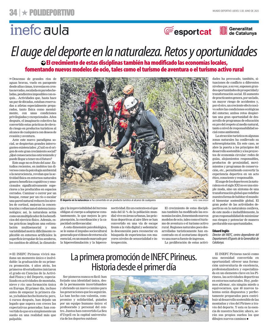 Article del Dr. Eduard Inglés, director d'<a href="/inefcat/">Inefc</a>, sobre l'esport al medi natural. Demà es gradua la 1a promoció d'#INEFCPirineus de la Seu d'Urgell. Amb nostàlgia del record del que ens va costar i l'orgull de la feina feta, un agraïment infinit a tot l'equip docent i de PAS
