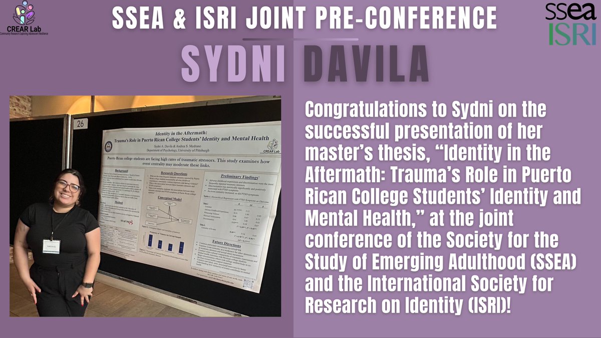 CREAR Lab (@labcrear) on Twitter photo Congrats to <a href="/Sydni_Davila/">Sydni Davila</a> for presenting her master’s thesis at the SSEA & ISRI pre-conference! She explored how trauma impacts Puerto Rican college students’ identity & mental health. Amazing job!
#Trauma #MentalHealth #Research #PsychResearch #HigherEd #CollegeMentalHealth Congrats to <a href="/Sydni_Davila/">Sydni Davila</a> for presenting her master’s thesis at the SSEA & ISRI pre-conference! She explored how trauma impacts Puerto Rican college students’ identity & mental health. Amazing job!
#Trauma #MentalHealth #Research #PsychResearch #HigherEd #CollegeMentalHealth