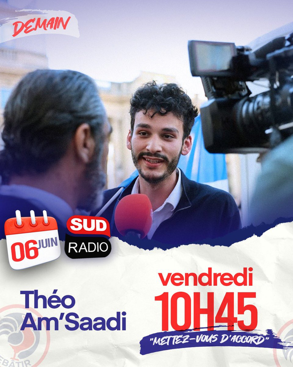 📻 Retrouvez <a href="/theo_saadi/">Théo Am’Saadi</a> demain à 10h45 chez @sudradioofficiel , dans l’émission “Mettez-vous d’accord !” animée par Valérie Expert.
