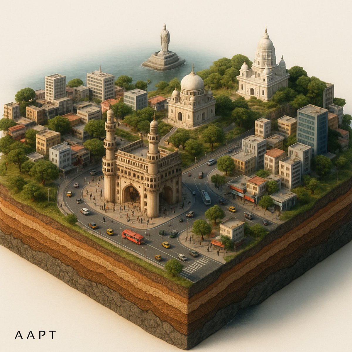 AAPTdigital's tweet image. Hyderabad city visualization with AI – a stunning isometric 3D diorama crafted using artificial intelligence. Iconic landmarks, vibrant streets, and geological layers brought to life in cinematic detail.
(#Hyderabad #AIDesign #AIVisualization #Charminar #BirlaMandir #India)