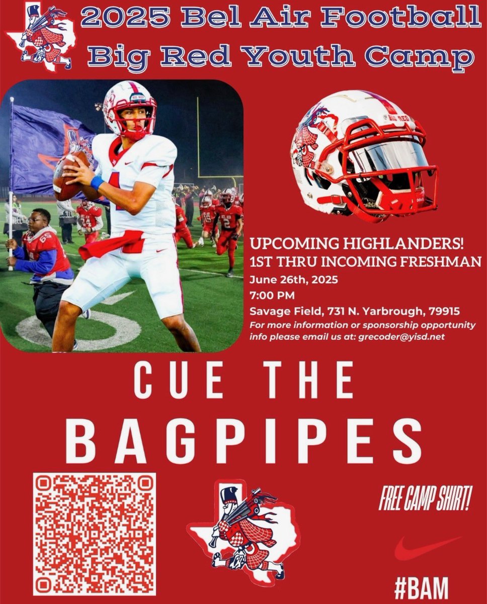 Join our 1st Youth Highlander Football Camp! 🏈 This is an exciting opportunity for young athletes to develop their skills, learn teamwork, and have fun while playing the game they love. Sign up today and be part of the Highlander family!