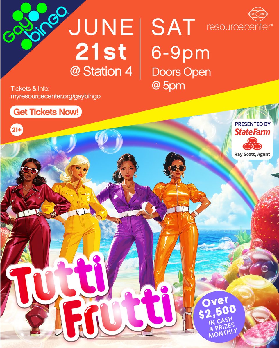 We’re celebrating Pride the best way we know how—with Tutti Frutti Gaybingo!
🍍 Drag. 🍉 Community. 🍓 Cash prizes.
✨ Saturday, June 21 at S4
🎟 Doors at 5 PM | Show at 6
Get your tickets before they’re gone: myresourcecenter.org/gaybingo