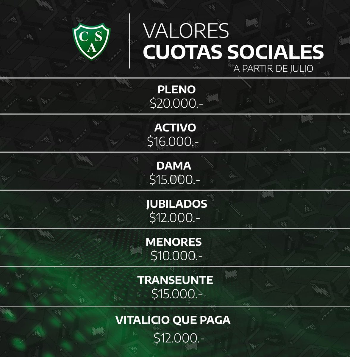 CASarmientoOf's tweet image. ‼️ ATENCIÓN SOCIOS
Valores de las cuotas sociales, a partir de Julio 👇
Recordá que siendo socio podes entrar gratis a todos los partidos en casa.
#DaleVerde 🇳🇬