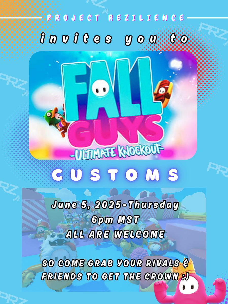 Fall Guys game night tonight at 6 PM MST!

🎮 All platforms 📍 
Join our Discord for the code -> discord.gg/ytsyUBTnTf

Everyone's welcome!

#ProjectRezilience #FallGuys