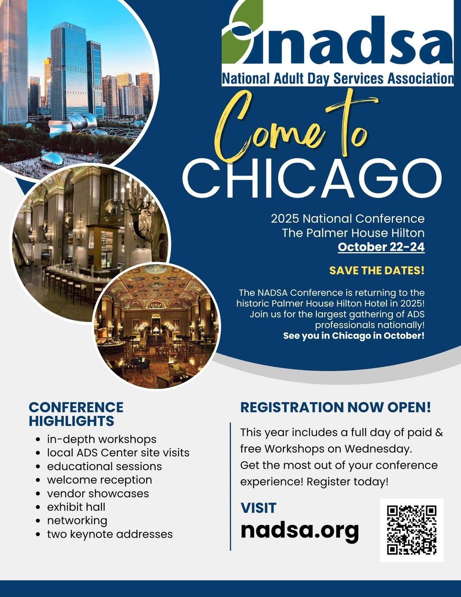 Registration for the 2025 NADSA Conference in Chicago this October is now open! We look forward to seeing everyone in Chicago October 22-24 at the Palmer House Hilton Hotel. For more info &amp; to register: nadsa.org/education-even…  #NADSA #adultdayservices