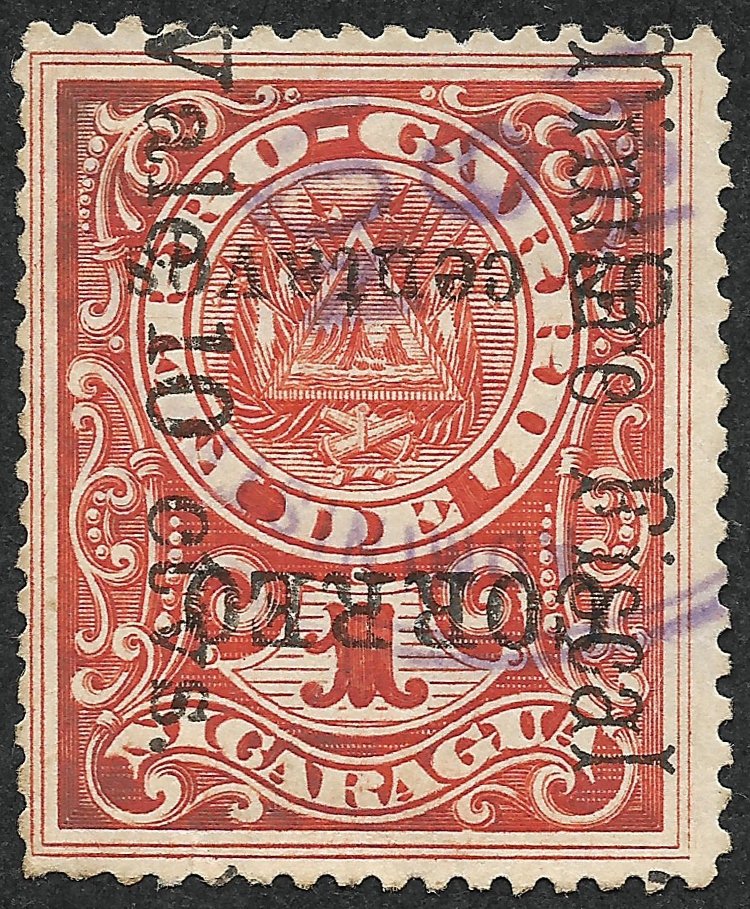 🇳🇮 From my Collection: Nicaragua, Coat Of Arms, 2c on 10c Red, October 1911 Issue - (Timbre Fiscal - Vale 10 ctvs." used with blue postmark with Surcharge Inverted, (CORREOS 02 Centavos).  Scott No. 287a. 🇲🇽👍