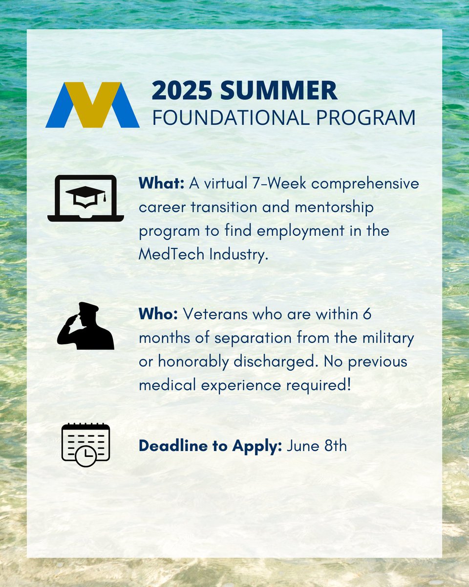 *LAST CHANCE TO APPLY* Get those applications in for the Summer Foundational Program by June 8th! 

If you're a veteran transitioning out of the military, this is your opportunity to launch your career in MedTech

Apply today: ow.ly/Uw9F50UmJW5

#militarytransition #veteran