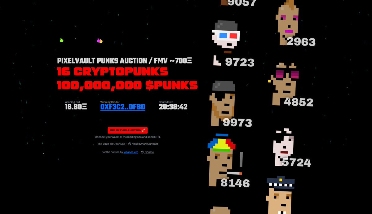 LolTapes's tweet image. The @pixelvault_ 16 Cryptopunks Auction today has come to a close with a winning bid of 930 Eth!
Congrats to all participants!
Some of you might have followed along the website I made in an afternoon: punksauction.com
Here some details:
Opening Bid