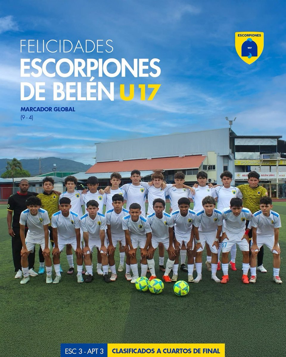 🦂 ¡Clasificados a CUARTOS DE FINAL! 💙

👉🏼 Nuestra U17 G3 está en los Cuartos después de derrotar a Academia Pro Talentos por los Cuartos de Final de Interfiliales. 💛

👉🏼 ¡Grandísimo trabajo, constancia y unión familiar en este torneo! 🙏🏼🏆

¡Somos ESCORPIONES DE BELÉN! 💙💛🦂