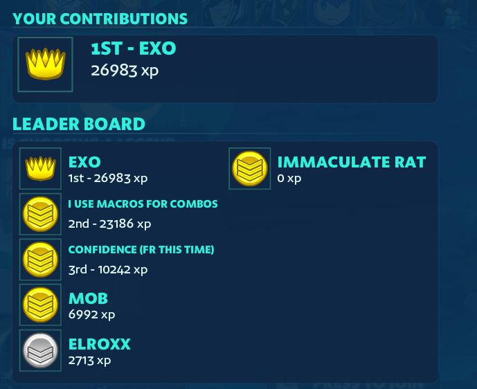 I have started a new clan with <a href="/fitzcalico/">fitz calico</a> <a href="/Immaculate_Rat/">Immaculate Rat</a> <a href="/Waelpro9996/">Waelpro</a> <a href="/Electyde/">Elroxx</a> 

The focus of the clan will be to help everyone in it get better and to enjoy brawlhalla eSports.

We will be party watching majors and theorycrafting / sparring etc...

discord.gg/j8dhWQ9d