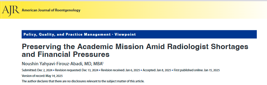 ISR_Radiology's tweet image. Open Access Education Articles

Preserving the Academic Mission Amid Radiologist Shortages and Financial Pressures

Academic radiology practices are navigating unprecedented operational and financial challenges.

ajronline.org/doi/epdf/10.22…