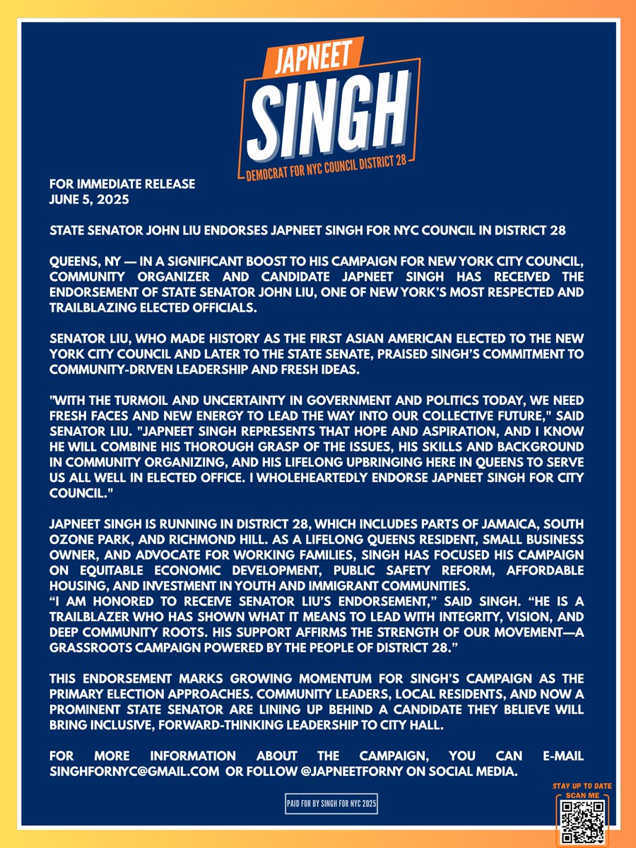 Japneet Singh (@japneetsingh4ny) on Twitter photo ENDORSEMENT ALERT 🚨
Growing up, I looked up to Senator <a href="/LiuNewYork/">John C. Liu</a> - not just as a pioneer, but as someone who proved that representation and relentless community advocacy matter.
I’m humbled to have his endorsement for my City Council campaign.
Read full press release ⬇️ ENDORSEMENT ALERT 🚨
Growing up, I looked up to Senator <a href="/LiuNewYork/">John C. Liu</a> - not just as a pioneer, but as someone who proved that representation and relentless community advocacy matter.
I’m humbled to have his endorsement for my City Council campaign.
Read full press release ⬇️