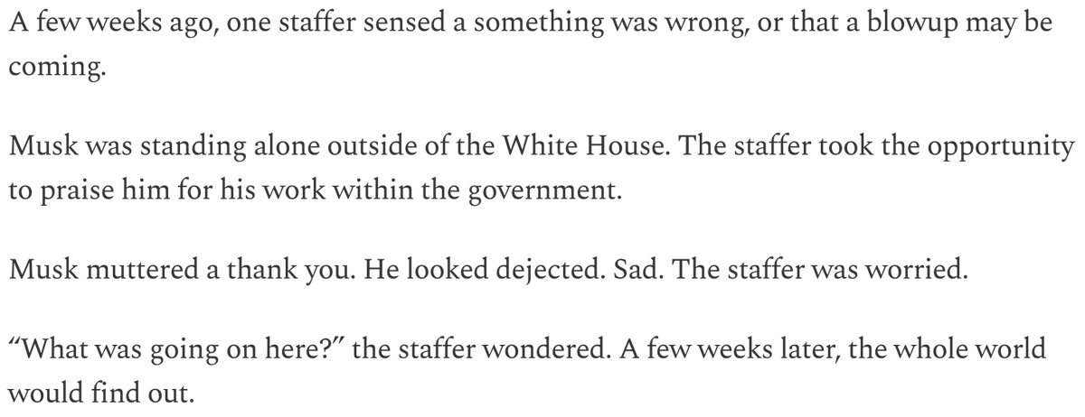 Reagan Reese (@reaganreese_) on Twitter photo WH insiders told <a href="/DailyCaller/">Daily Caller</a> that the snubbing of Elon Musk’s NASA pick was the final straw after months of friction between he and the Trump White House.
Musk had been over-asking and trying to act like a second president.
And despite Musk’s public opposition to EV tax WH insiders told <a href="/DailyCaller/">Daily Caller</a> that the snubbing of Elon Musk’s NASA pick was the final straw after months of friction between he and the Trump White House.
Musk had been over-asking and trying to act like a second president.
And despite Musk’s public opposition to EV tax