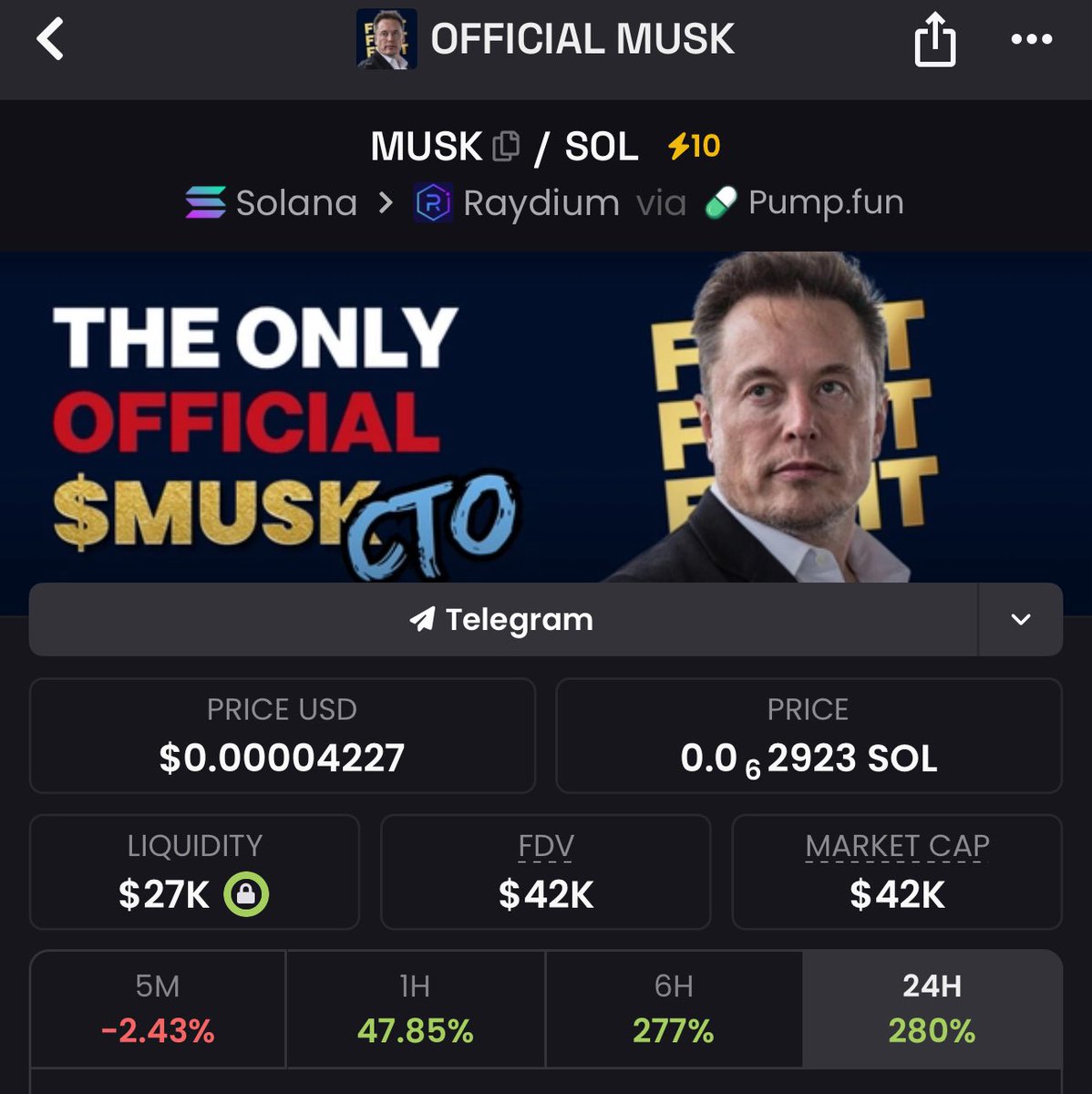 kryptofox001's tweet photo. Aped into $MUSK OFFICIAL MUSK at $42k MCap via my private TG. A coin to watch out for.

Ca: 9NmeugXPbexQCGmPjTRp3pY924kSyFfcAuNGZT7Mpump

SEND THAT DM TO INTERACT 

#Musk #Solana #Memecoin https://t.co/5WSHMemK4j