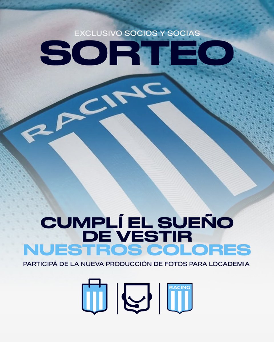 Cumplí el sueño de vestir nuestros colores 🤩

Se viene la nueva producción de fotos de <a href="/LocademiaRacing/">Locademia</a> y vos podés ser parte 📸

Para participar comentá tu nombre y los últimos 3 números de socio/a. ¡Ah, si le das RT duplicás chances!