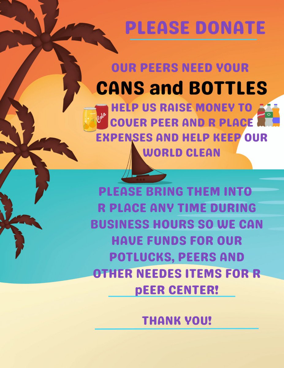 Please Donate to Help Us Help Our Community! 🌟

💜 Drop off your redeemable cans and bottles at R Place during regular business hours. It’s a small gesture that makes a BIG impact. Let’s come together to keep our world cleaner and our community stronger.
