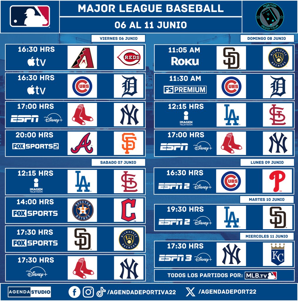 Major League Baseball
06 al 11 de Junio
Transmisión: México 🇲🇽
⚠️Programación Sujeta a Cambios⚠️
#MLB
#AgendaDeportiva
