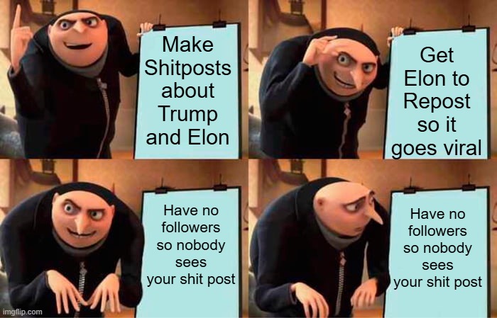 Everyone on X today. Hoping <a href="/elonmusk/">Elon Musk</a> will repost them during his schizo breakdown against <a href="/realDonaldTrump/">Donald J. Trump</a>